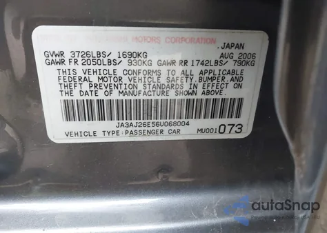 2006 Mitsubishi Lancer Es/Se from USA, damaged, VIN JA3AJ26E56U068004